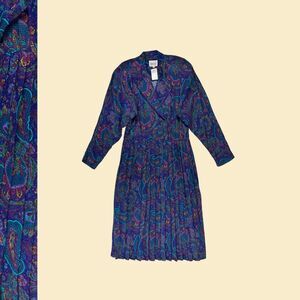 Vintage 80s paisley dress, size 8 rayon purple/teal Leslie Fay Petite maxi dress